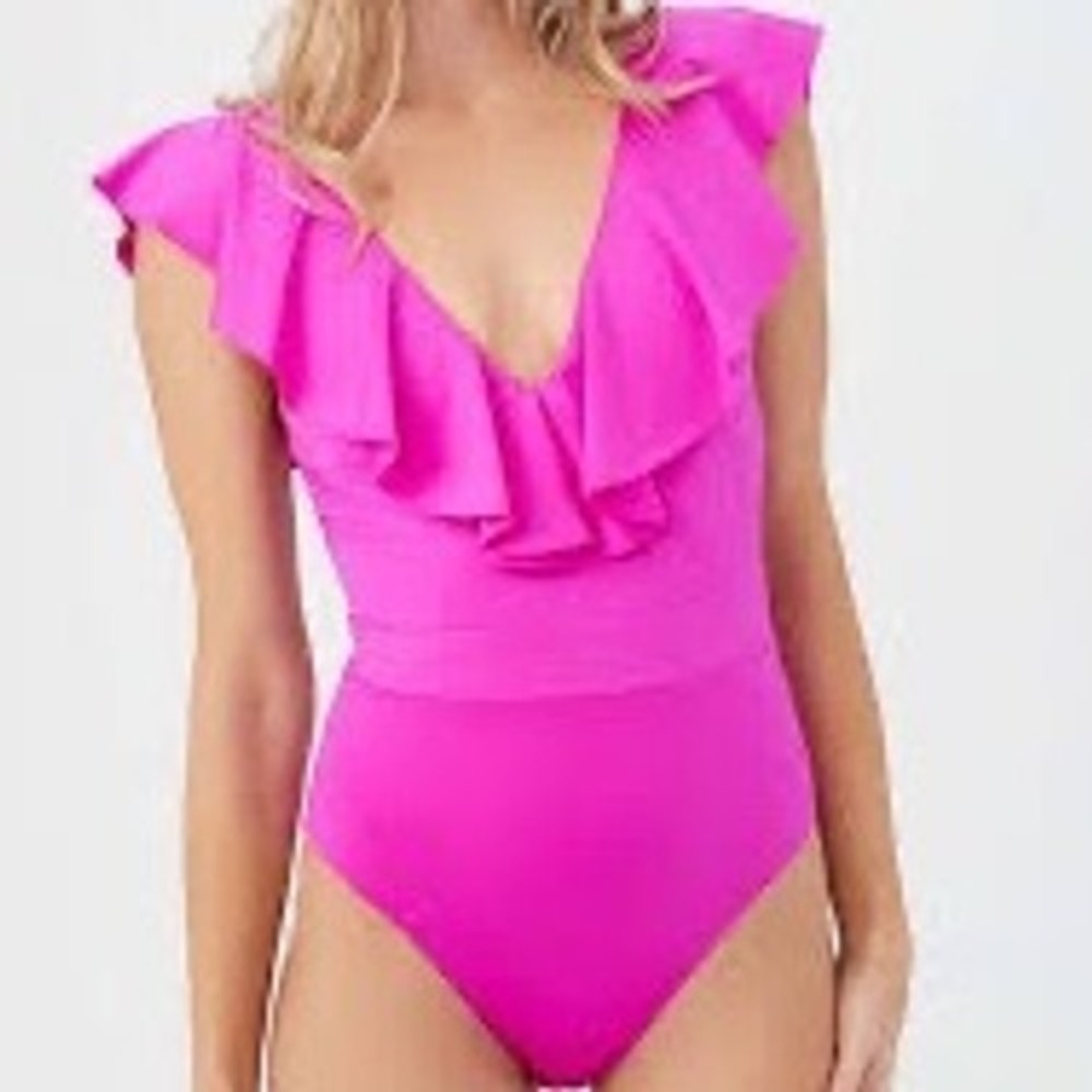 Trina Turk Ruffle Plunge Solid One Piece Swimsuit Women's Size‎ 14
